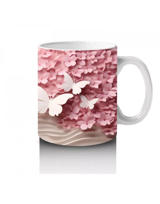 Yumuşak Pembe Yapraklar Arasında Kelebek – Baskılı Kahve Kupası