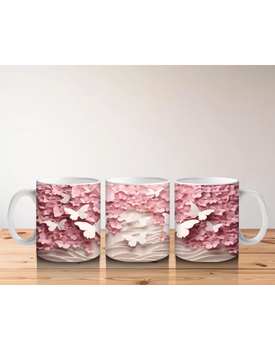 Yumuşak Pembe Yapraklar Arasında Kelebek – Baskılı Kahve Kupası