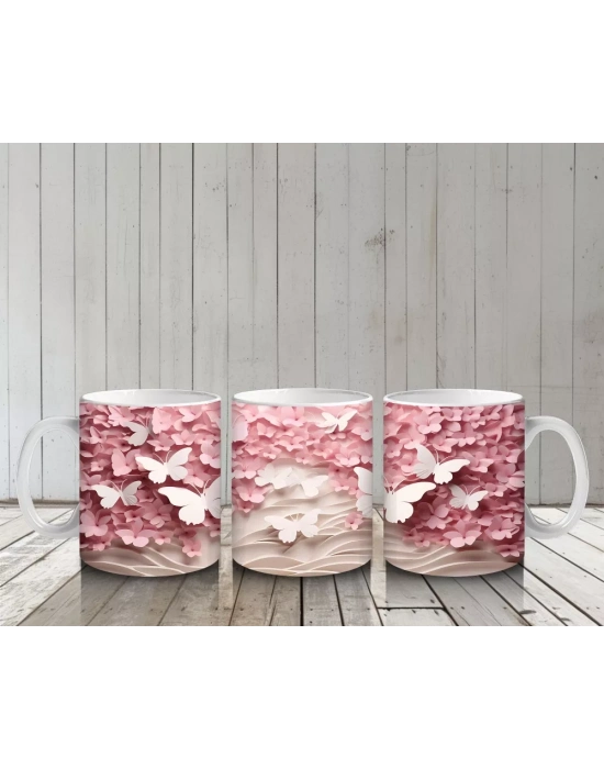 Yumuşak Pembe Yapraklar Arasında Kelebek – Baskılı Kahve Kupası