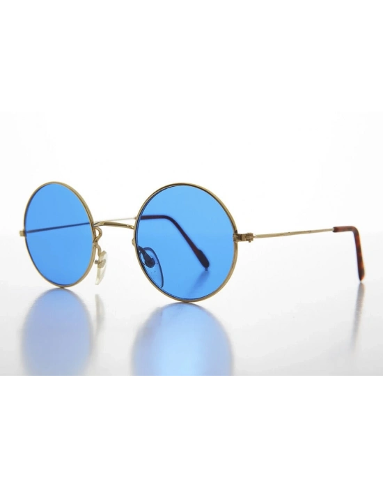 Yuvarlak Cam John Lennon Tarzı Gold Çerçeveli Mavi Gözlük