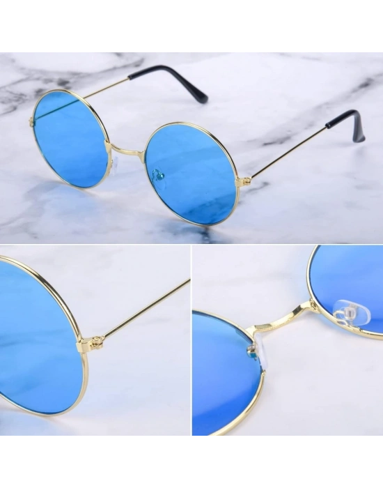 Yuvarlak Cam John Lennon Tarzı Gold Çerçeveli Mavi Gözlük