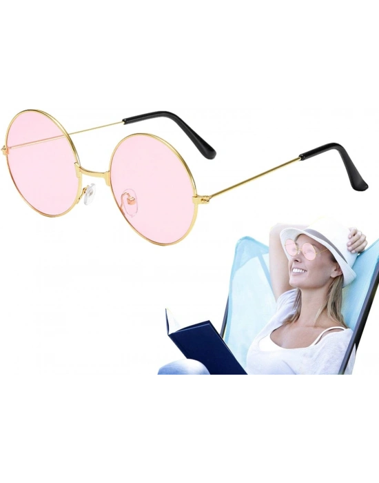 Yuvarlak Cam John Lennon Tarzı Gold Pembe Gözlük