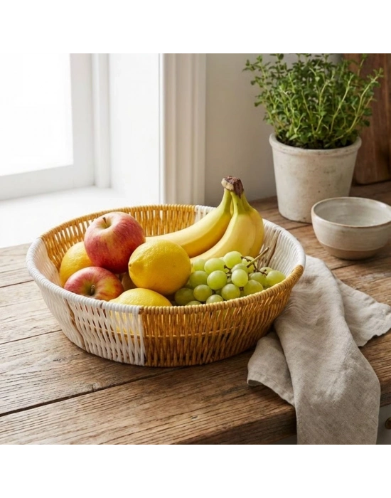 ®  Yuvarlak Çift Renkli Plastik Rattan Ekmek ve Meyve Sepeti - Çok Amaçlı Banyo ve Mutfak Düzenleyici - Yıkanabilir Tezgâh Üstü Organizer