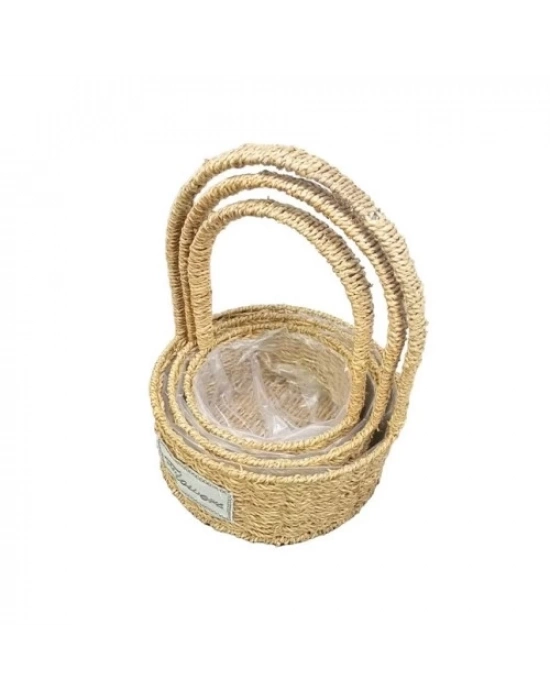 Yuvarlak Doğal Hasır Sepet Seti - 3lü