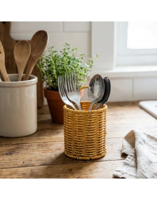 ®  Yuvarlak Hasır Dokulu Plastik Rattan Kaşıklık & Çatallık – Askılı Kendiliğinden Tutmalı Çok Amaçlı Mutfak Organizeri