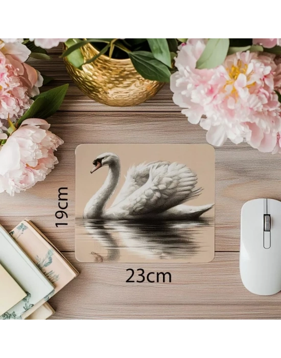 Yüzeyde Süzülen Kuğu Mousepad – Karakalem Stil - 19x23 cm 2 mm Dikdörtgen İthal Baskılı Mouse Pad