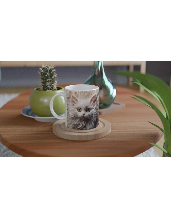 Zarif Beyaz Kedi Baskılı Kupa Bardak
