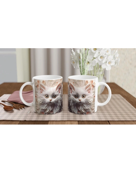 Zarif Beyaz Kedi Baskılı Kupa Bardak