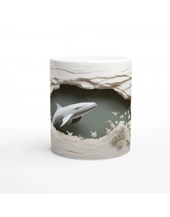 Zarif Çiçekler Arasında Yüzen Yunus Su Altı Temalı Kupa Bardak