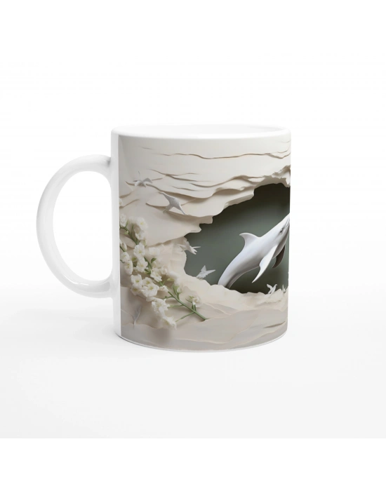 Zarif Çiçekler Arasında Yüzen Yunus Su Altı Temalı Kupa Bardak