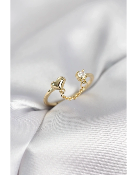 ® Zincir Sallantılı Kalp Model Gold Renk Kadın Yüzük