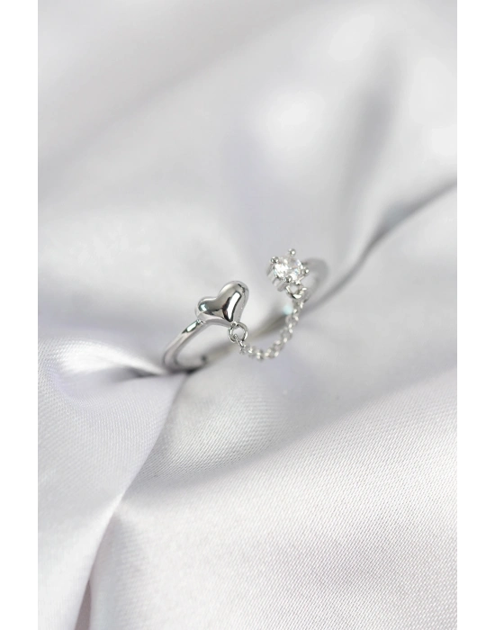 ® Zincir Sallantılı Kalp Model Gümüş Renk Kadın Yüzük