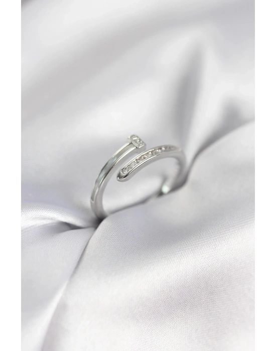 ® Zirkon Taşlı Gümüş Renk Yassı Çivi Model Kadın Yüzük