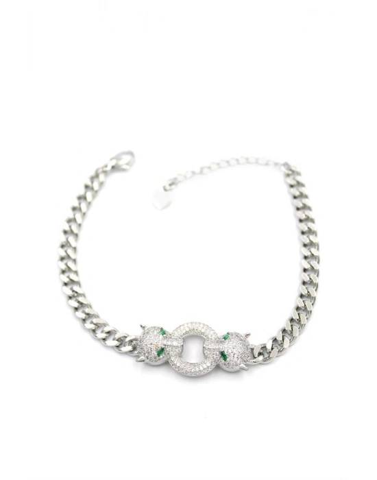 Zirkon Taşlı Leopar Bileklik - Gümüş