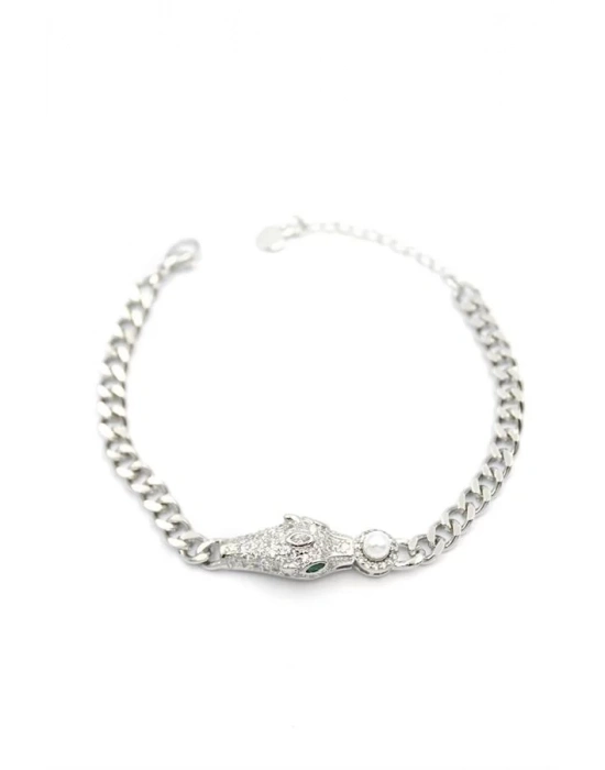 Zirkon Taşlı Leopar Bileklik - Gümüş