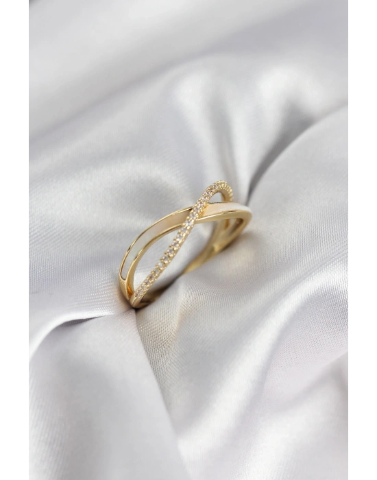 ® Zirkon Taşlı Sarmal Sedefli Gold Renk Kadın Yüzük