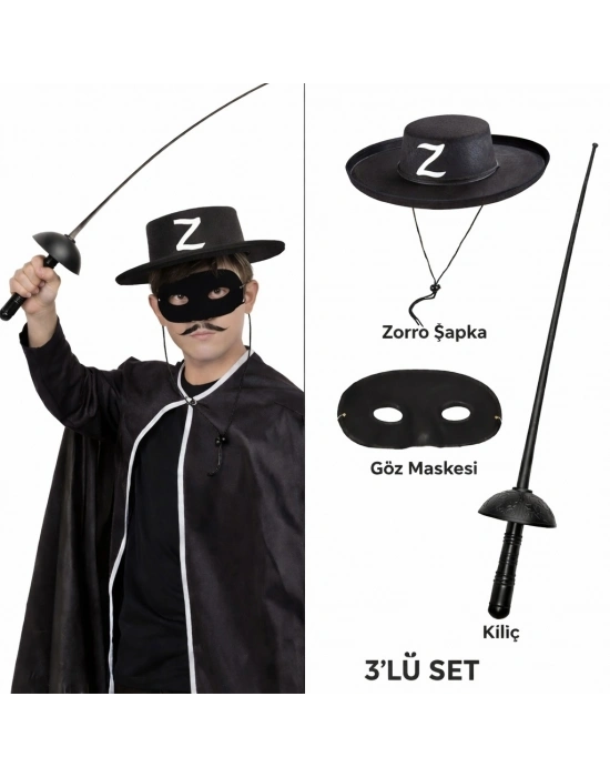 Zorro Kostüm Seti 3’lü Çocuk – Şapka, Maske Ve Kılıç