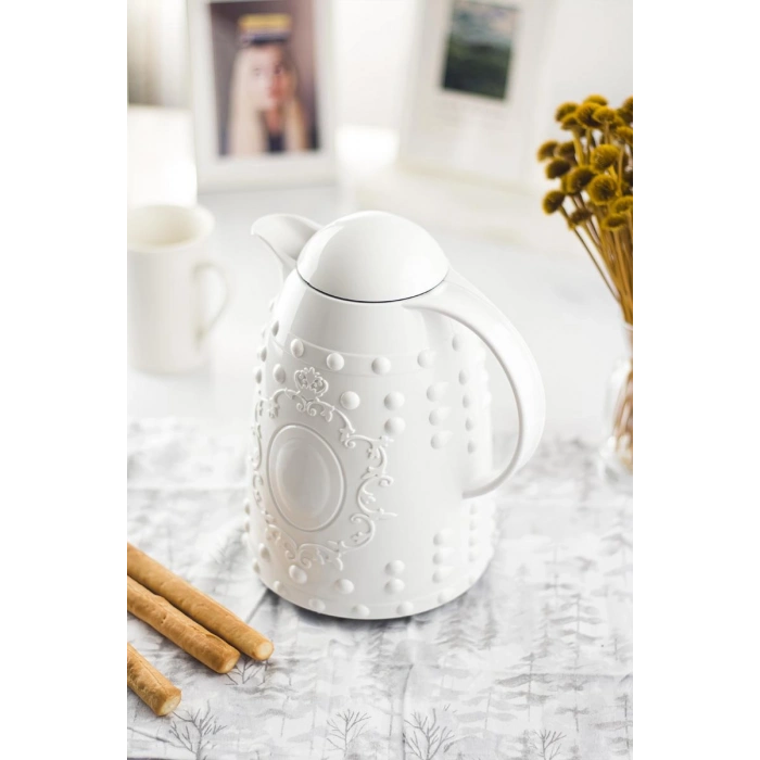 1 LT Isı Yalıtımlı Çay Ve Soğuk Su Termosu Beyaz (12 Saat Sıcak Tutar& İçi Camdır)