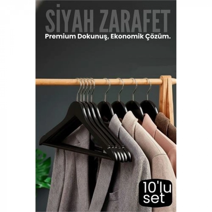 10lu Lüks Siyah Elbise Ceket Askısı - Ergonomik & Kaymaz Plastik Askı Seti -  Ahşap Görünümlü