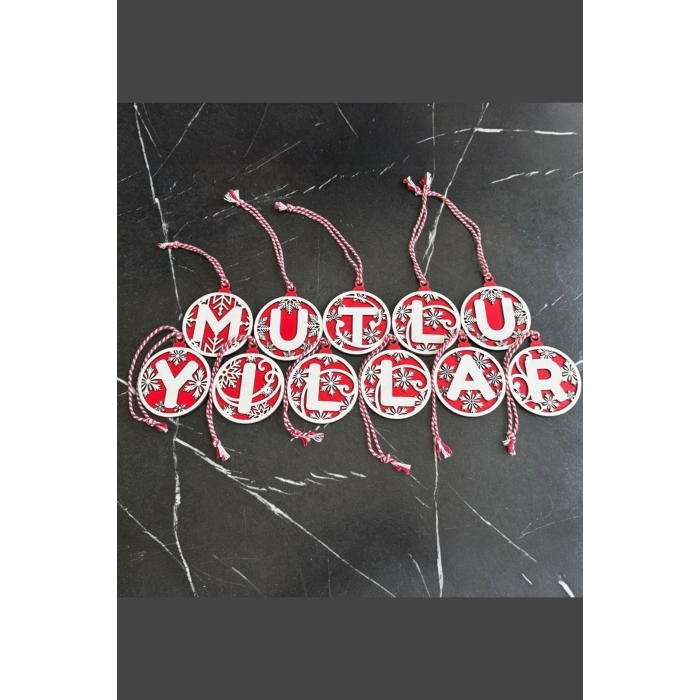 11 Harfli Kırmızı Beyaz İpli MUTLU YILLAR Yazılı Ahşap Yılbaşı Ağaç Süsü