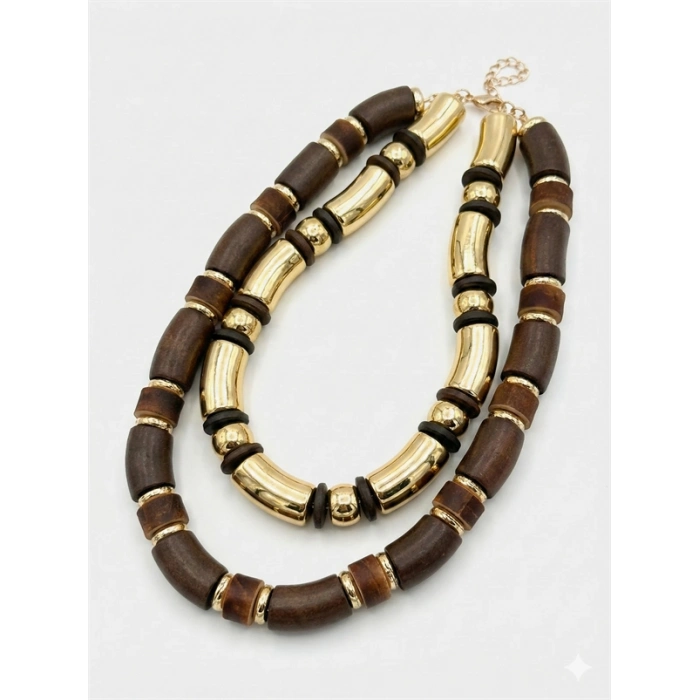 2li Ahşap Kolye - Kahverengi