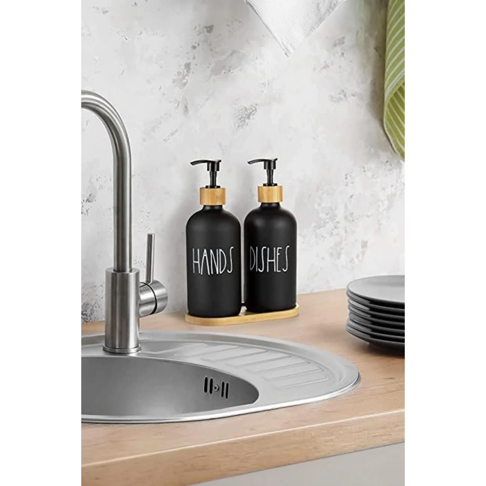 2 Li Bambu Altlıklı Sıvı Sabunluk Seti Siyah