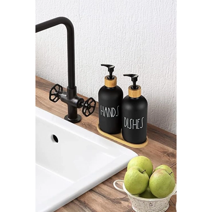 2 Li Bambu Altlıklı Sıvı Sabunluk Seti Siyah