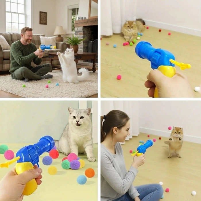 20 Adet Renkli Peluş Toplu Kedi Oyun Tabancası – Kedi Egzersiz ve Oyun Aracı