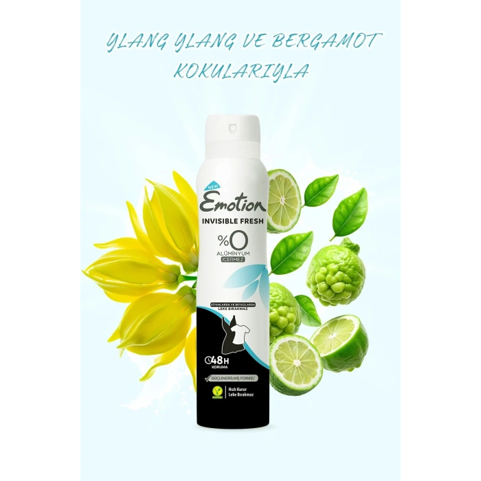 3 Adet Emotion Invisible Fresh Black & White Kadın Deodorant 150ml Vegan, Leke Bırakmaz