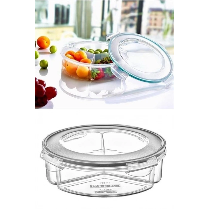 3 Bölmeli Sızdırmaz Contalı Kilitli Kapaklı 1,35 Litre yuvarlak Erzak Saklama Kabı LC-500