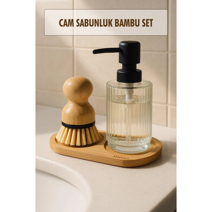 3 Parça Bambu Altlıklı Sabunluk ve Temizlik Fırça Seti