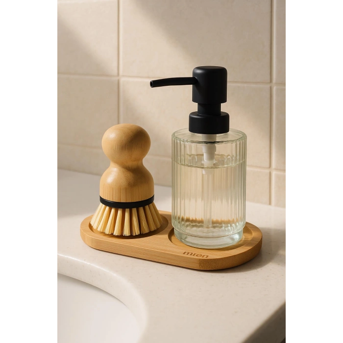 3 Parça Bambu Altlıklı Sabunluk ve Temizlik Fırça Seti