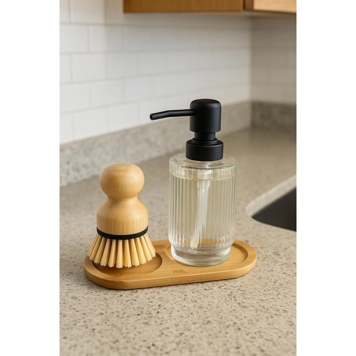 3 Parça Bambu Altlıklı Sabunluk ve Temizlik Fırça Seti