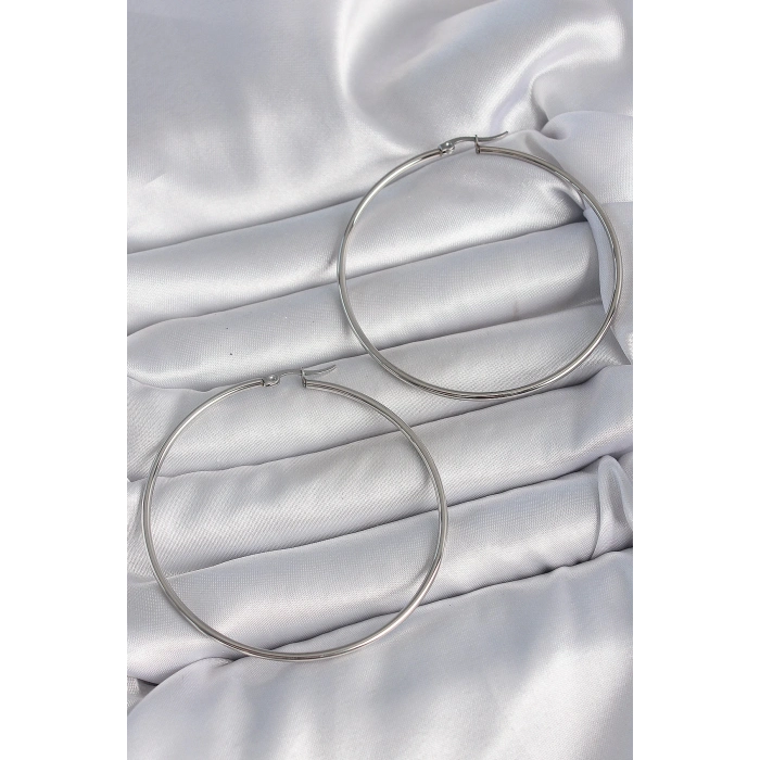 316 Çelik Gümüş Renk 63 mm Halka Model Kadın Küpe