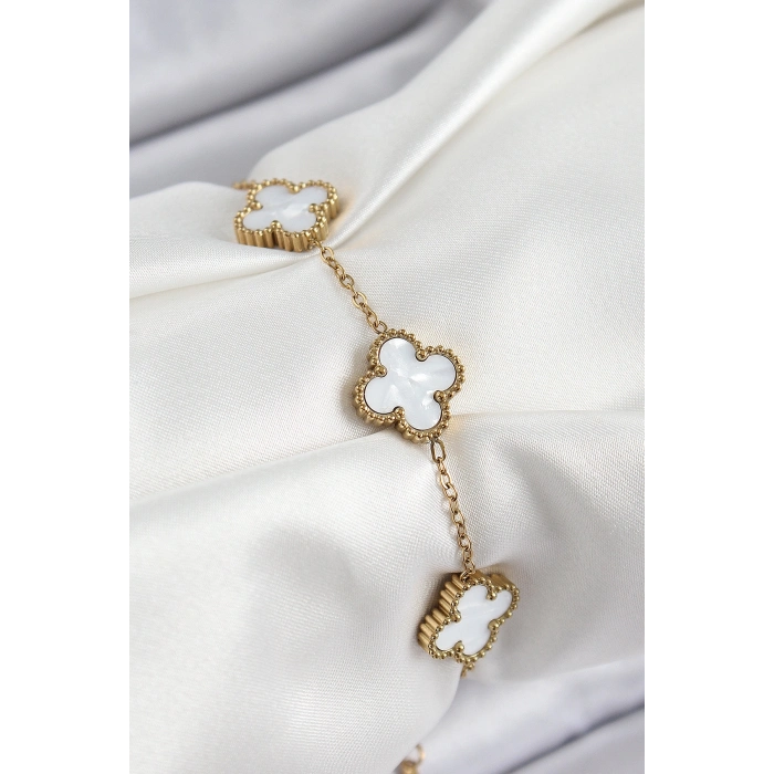 316L Çelik Beyaz Sedef Yonca Model Gold Renk Kadın Bileklik