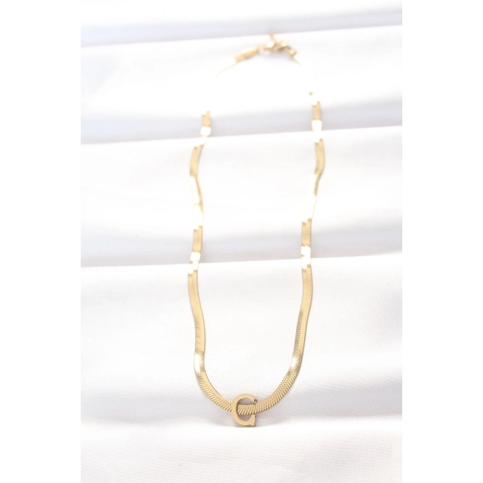 316L Çelik C Harfli Gold Renk İtalyan Zincirli Kolye