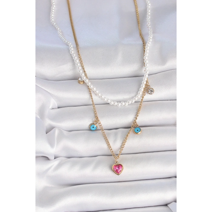 316L Çelik Gold Renk 2Li İnci Zincir Model Pembe Taşlı Kalp Figür Nazar Boncuk Detay Kadın Kolye