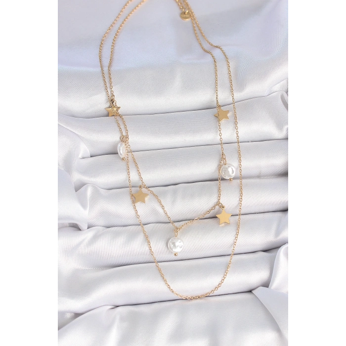316L Çelik Gold Renk 2Li Zincir Sallantı Yıldız İnci Model Kadın Kolye