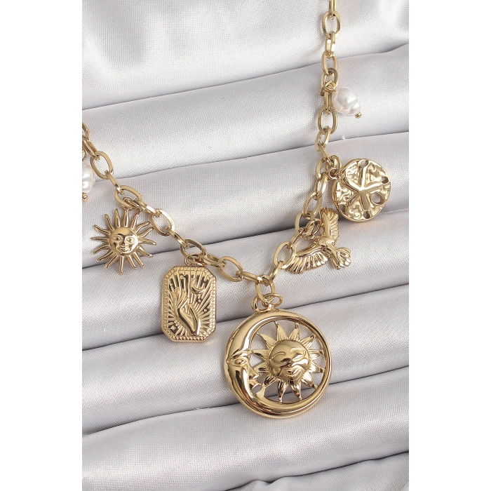 316L Çelik Gold Renk Halka Zincir Sallantı Ay Güneş Figür Kuş Detay Kadın Kolye