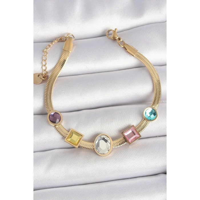 316L Çelik Gold Renk İtalyan Zincir Renkli Zirkon Taşlı Kadın Bileklik
