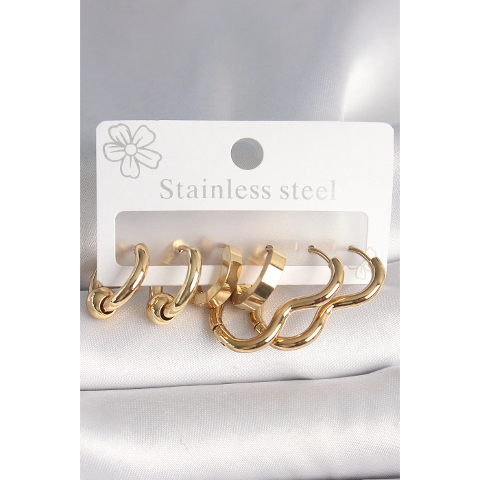 316L Çelik Gold Renk Kalp Halka Model Kadın Küpe Seti