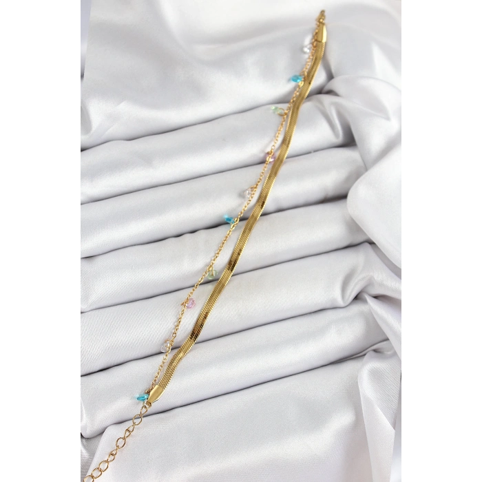 316L Çelik Gold Renk Karışık Renkli Kristal Taşlı 2li Kadın Bileklik