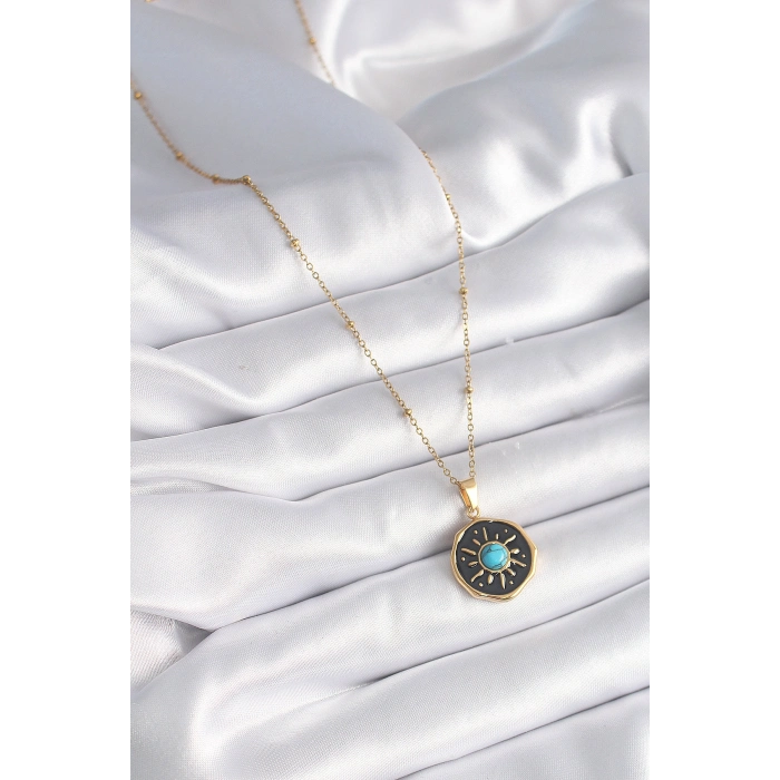 316L Çelik Gold Renk Mavi Boncuk Güneş İşleme Madalyon Model Kadın Kolye
