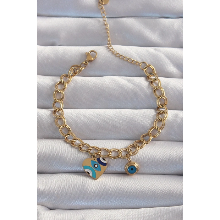 316L Çelik Gold Renk Nazarlı Kalp Model Zincir Bileklik