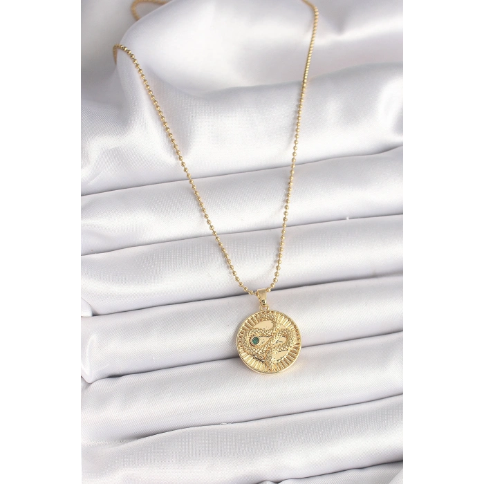 316L Çelik Gold Renk Topçuk Zincir Yılan İşlemeli Zirkon Taş Detaylı Madalyon Model Kadın Kolye