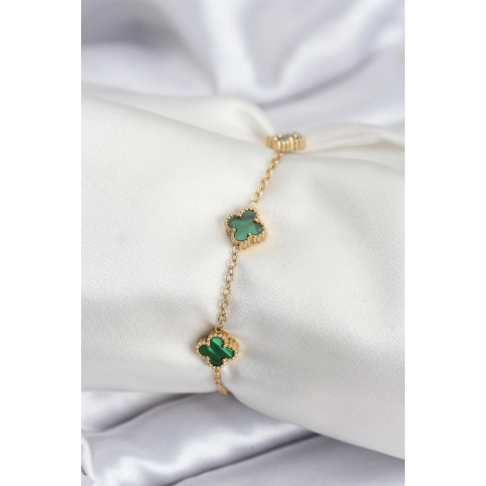 316L Çelik Gold Renk Yeşil Baby Boy Yonca Kadın Bileklik