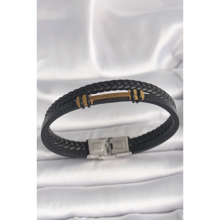 316L Çelik Gold Renk ZikZak İşlemeli Aksesuarlı Çift Sıra Burgu Desenli Deri Kordon Erkek Bileklik