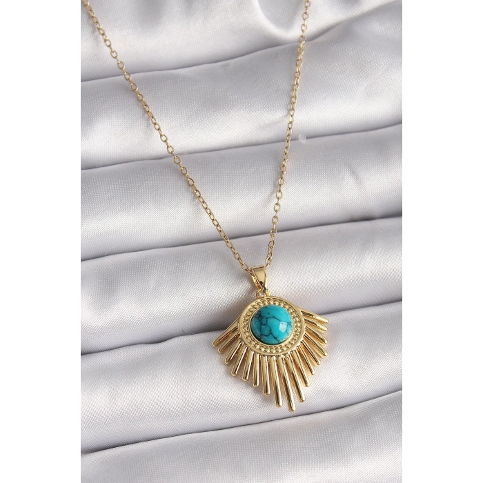 316L Çelik Gold Renk Zincir Mavi Boncuk Güneş Model Kadın Kolye