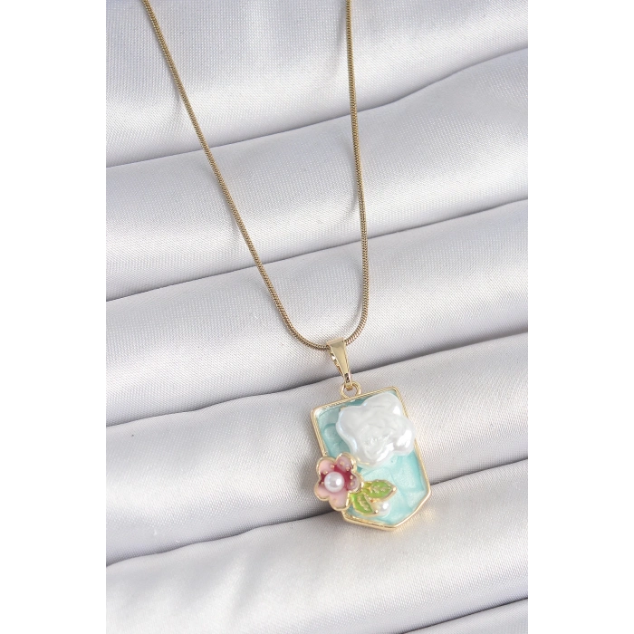 316L Çelik Gold Renk Zincir Mavi Mineli İncili Çiçek İşlemeli Portre Model Kadın Kolye