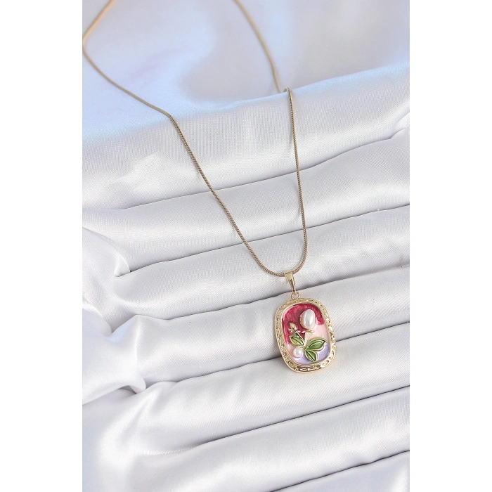 316L Çelik Gold Renk Zincir Mix Renk İncili Çiçek İşlemeli Portre Model Kadın Kolye